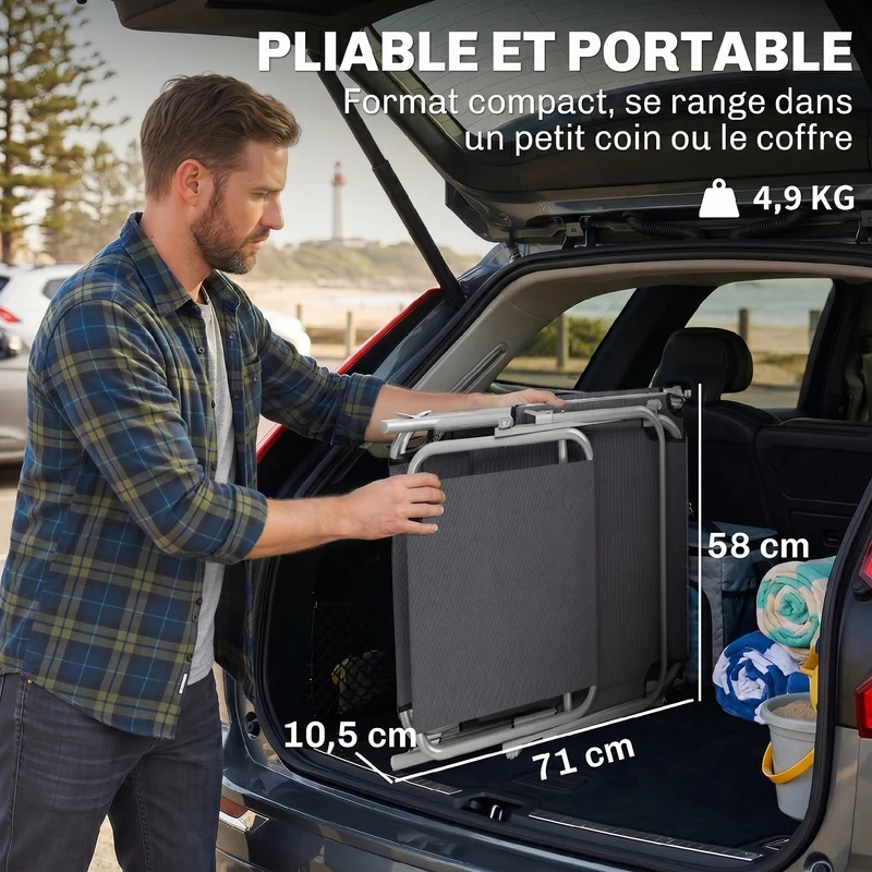 Transat bain de soleil 187 x 58 x 36 cm dossier 4 positions pare-soleil réglable moderne extérieur en polyester gris 21_0004546