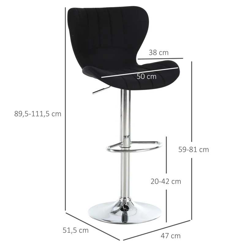 Tabouret de bar cuisine 50 x 38 x 59-81 cm réglable pivotant assise confortable design repose-pieds chromé en lin noir 21_0002185