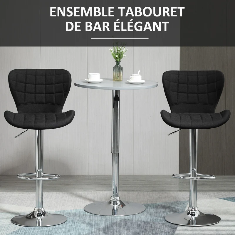 Tabouret de bar cuisine 50 x 38 x 59-81 cm réglable pivotant assise confortable design repose-pieds chromé en lin noir 21_0002185