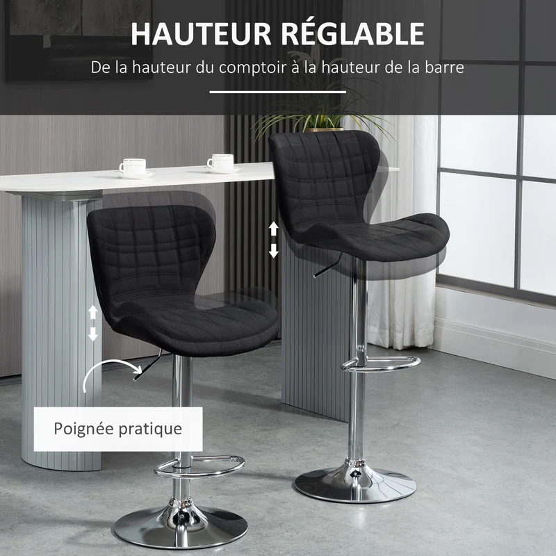 Tabouret de bar cuisine 50 x 38 x 59-81 cm réglable pivotant assise confortable design repose-pieds chromé en lin noir 21_0002185