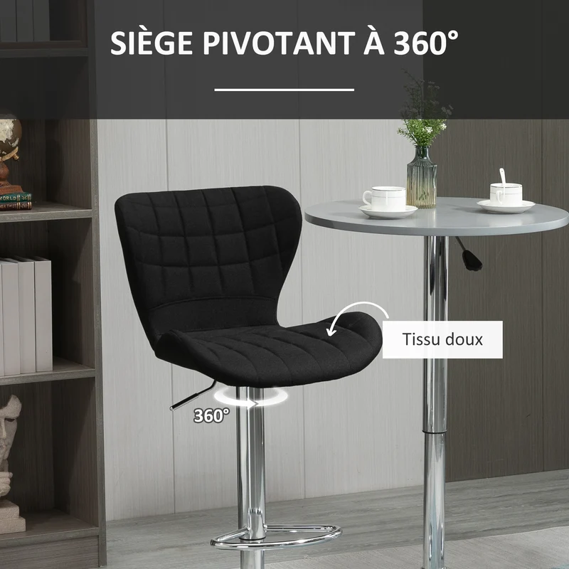 Tabouret de bar cuisine 50 x 38 x 59-81 cm réglable pivotant assise confortable design repose-pieds chromé en lin noir 21_0002185