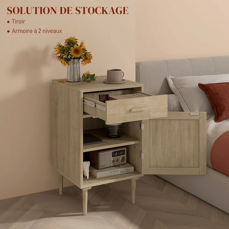 Table de chevet 40 x 40 x 68,5 cm rangement astucieux 1 tiroir placard design bohème cosy en bois d'ingénierie naturel 21_0001584