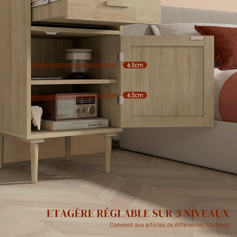 Table de chevet 40 x 40 x 68,5 cm rangement astucieux 1 tiroir placard design bohème cosy en bois d'ingénierie naturel 21_0001584