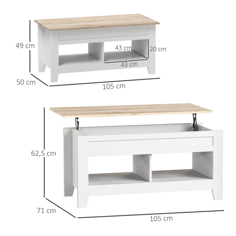 Table basse relevable salon 105 x 50 x 49 cm rangement caché 2 niches contemporain épuré en panneau de particules blanc 21_0003034