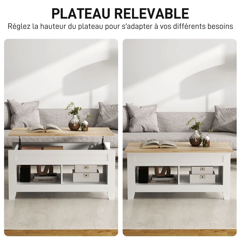 Table basse relevable salon 105 x 50 x 49 cm rangement caché 2 niches contemporain épuré en panneau de particules blanc 21_0003034