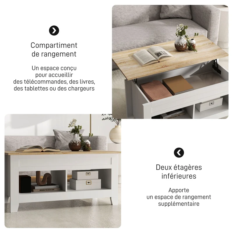 Table basse relevable salon 105 x 50 x 49 cm rangement caché 2 niches contemporain épuré en panneau de particules blanc 21_0003034