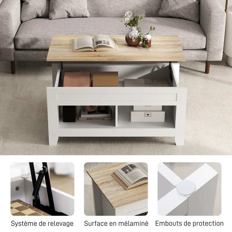 Table basse relevable salon 105 x 50 x 49 cm rangement caché 2 niches contemporain épuré en panneau de particules blanc 21_0003034
