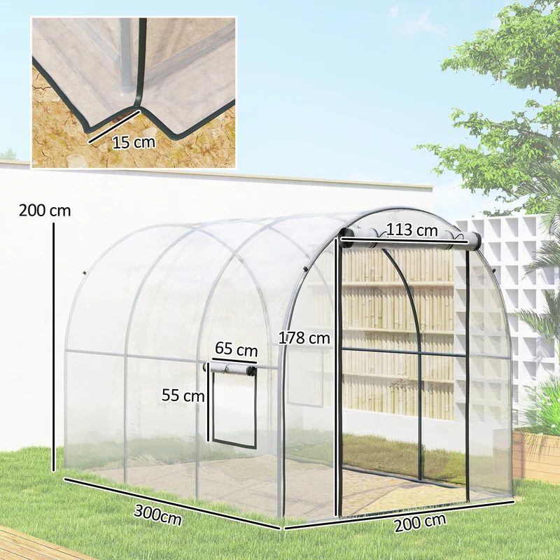 Serre tunnel jardin 300 x 200 x 200 cm protection uv aération portes fenêtres contemporain en polyéthylène transparent 21_0005441