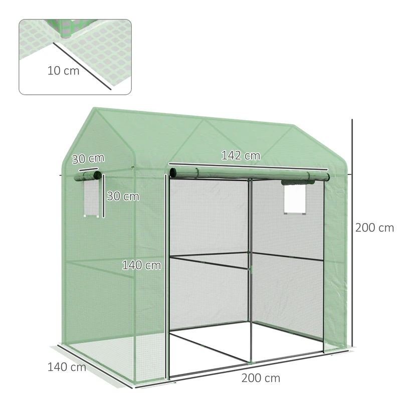 Serre de jardin 200 x 140 x 200 cm protection anti uv porte enroulable pour extérieur style contemporain en acier vert 21_0004350