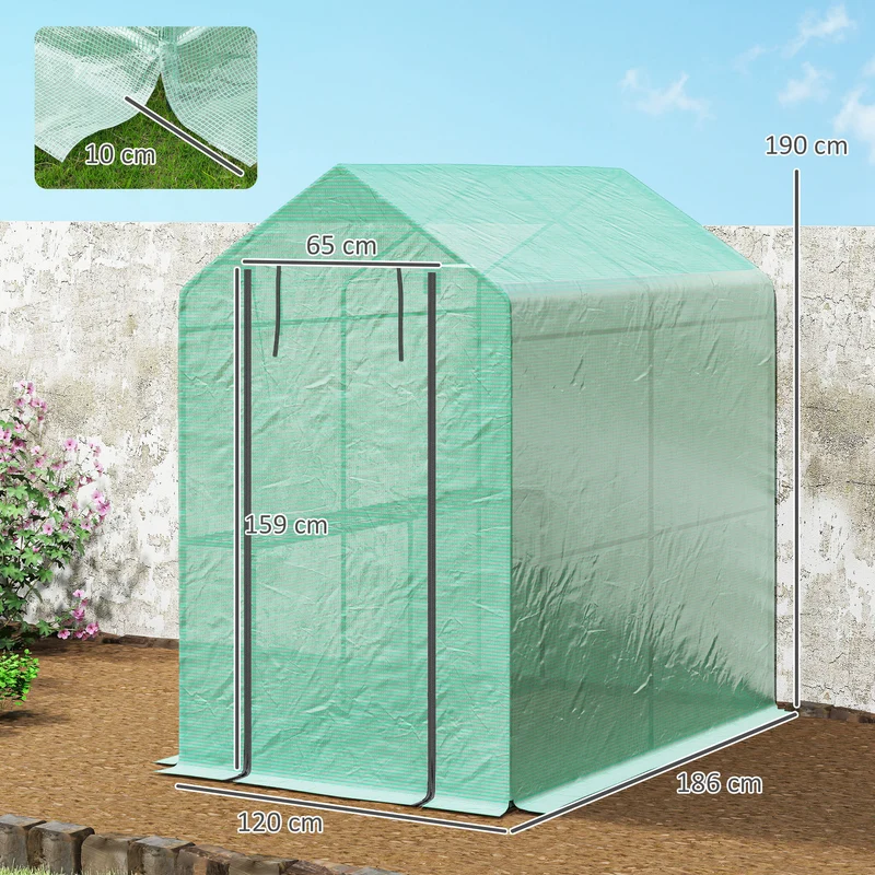 Serre de balcon 2 niveaux 186 x 120 x 190 cm protège anti-uv étagères intégrées porte zippée design en polyéthylène vert 21_0004143