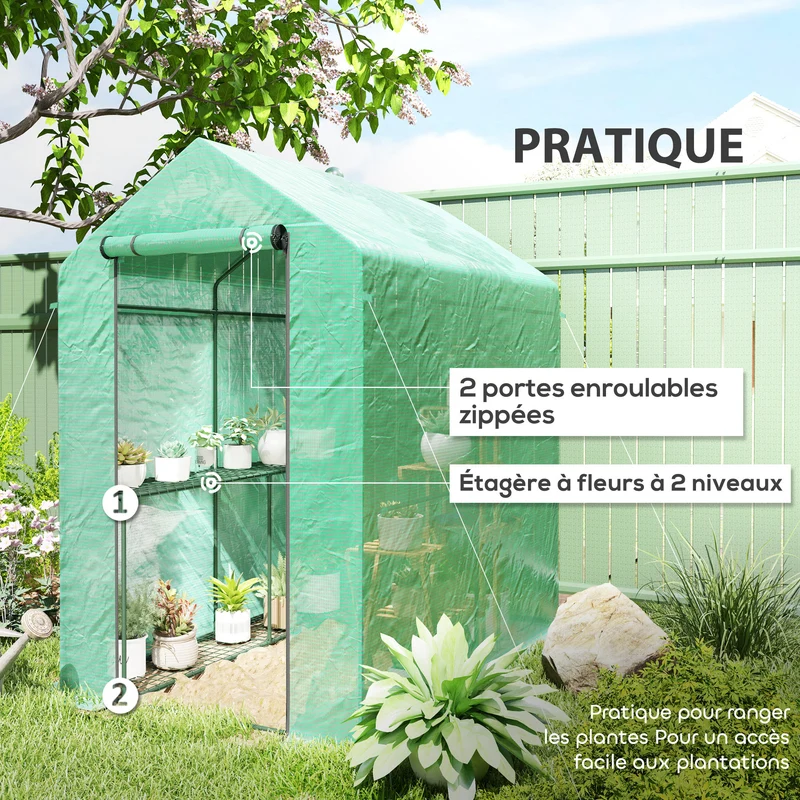 Serre de balcon 2 niveaux 186 x 120 x 190 cm protège anti-uv étagères intégrées porte zippée design en polyéthylène vert 21_0004143