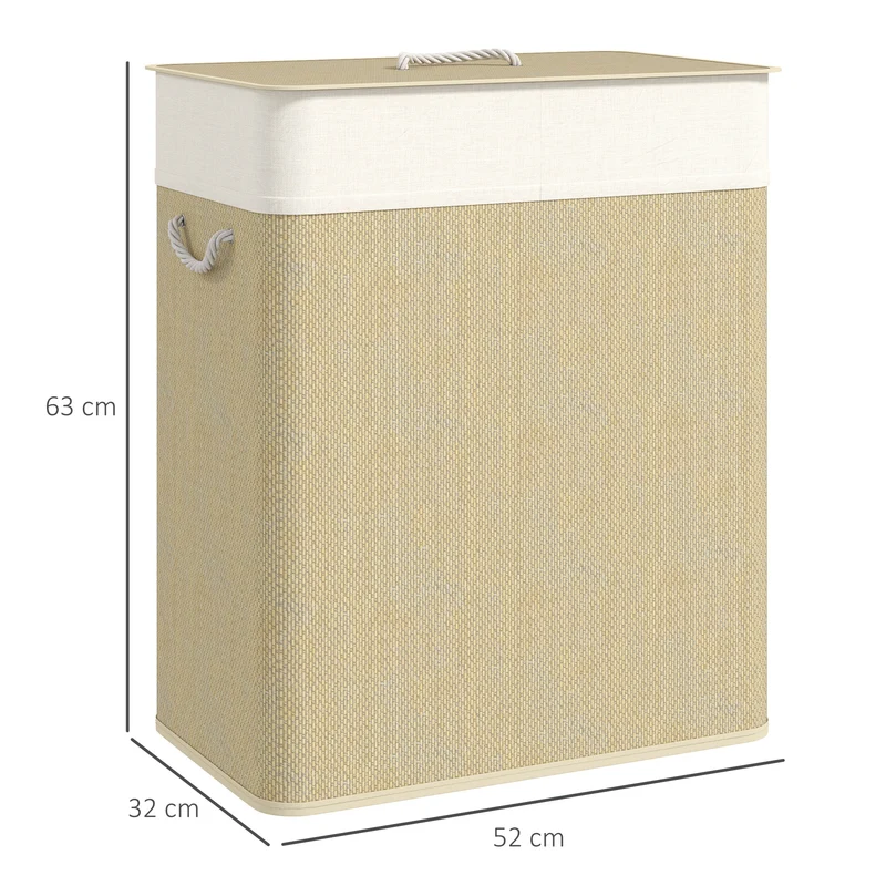 Panier à linge double 52 x 32 x 63 cm séparation 2 compartiments sacs lavables design épuré pour chambre en bambou crème 21_0005877