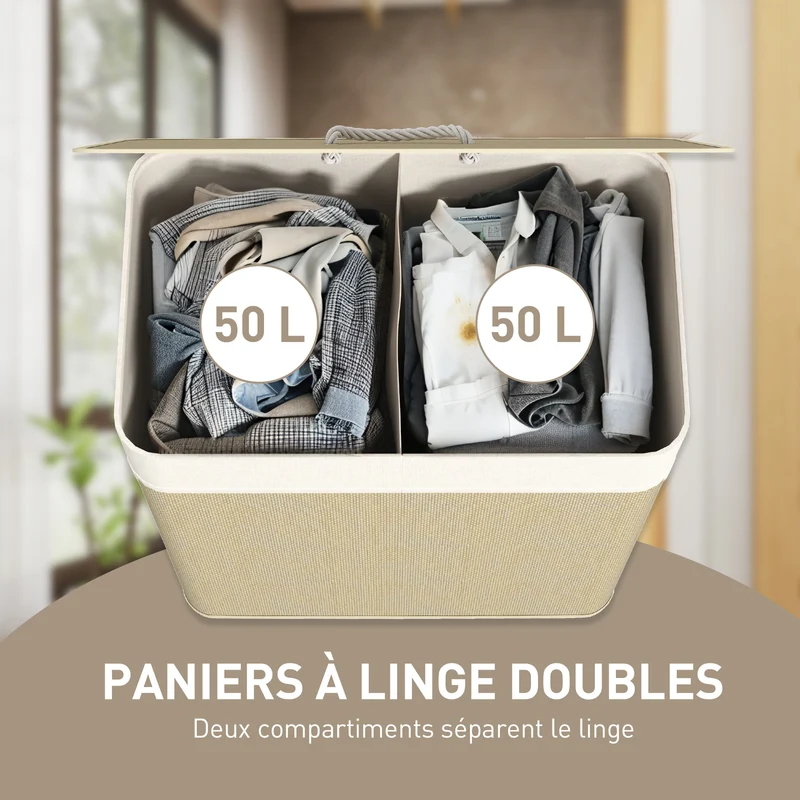 Panier à linge double 52 x 32 x 63 cm séparation 2 compartiments sacs lavables design épuré pour chambre en bambou crème 21_0005877