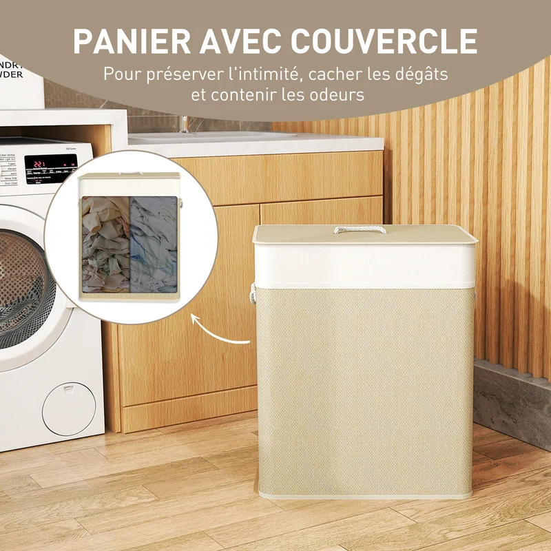 Panier à linge double 52 x 32 x 63 cm séparation 2 compartiments sacs lavables design épuré pour chambre en bambou crème 21_0005877