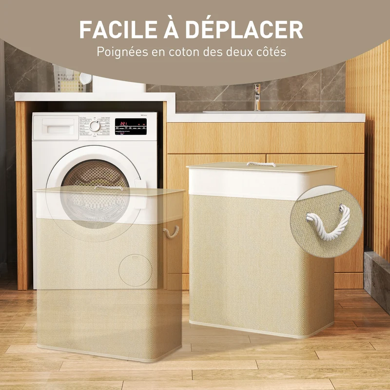 Panier à linge double 52 x 32 x 63 cm séparation 2 compartiments sacs lavables design épuré pour chambre en bambou crème 21_0005877