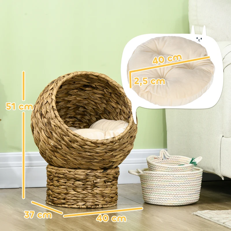 Panier pour chat boule 40 x 37 x 51 cm coussin amovible grand confort rustique décoratif en feuilles de bananier marron 21_0007619