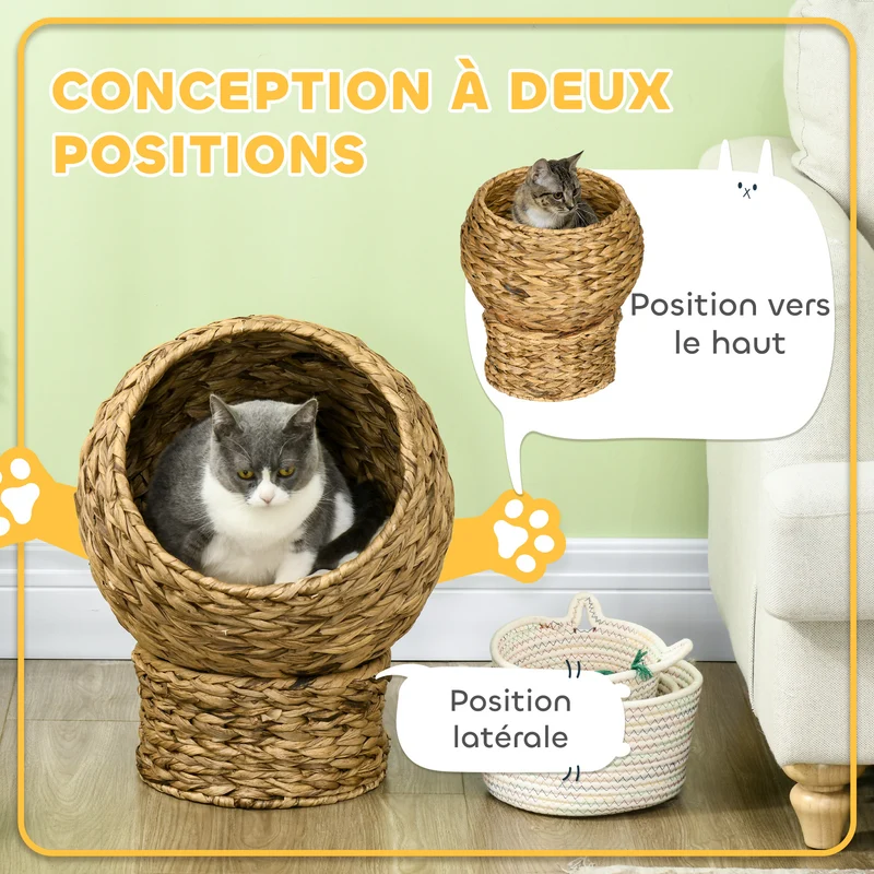 Panier pour chat boule 40 x 37 x 51 cm coussin amovible grand confort rustique décoratif en feuilles de bananier marron 21_0007619