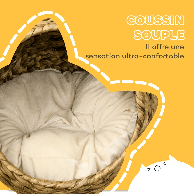 Panier pour chat boule 40 x 37 x 51 cm coussin amovible grand confort rustique décoratif en feuilles de bananier marron 21_0007619