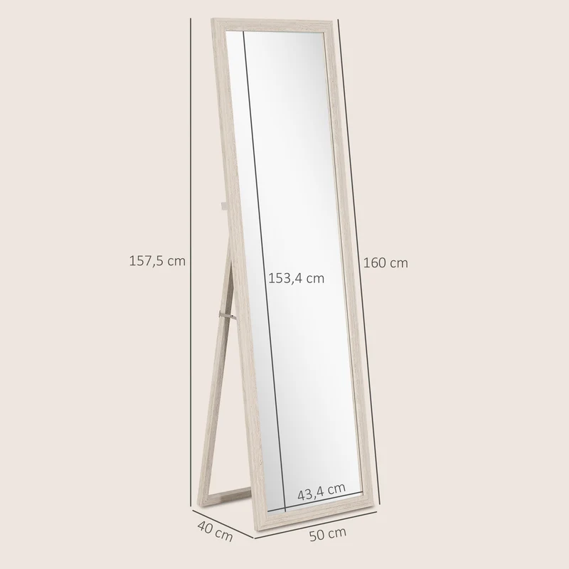 Miroir sur pied rectangulaire 160 x 50 x 4 cm vue intégrale inclinable sécurisé style contemporain en verre trempé blanc 21_0003752