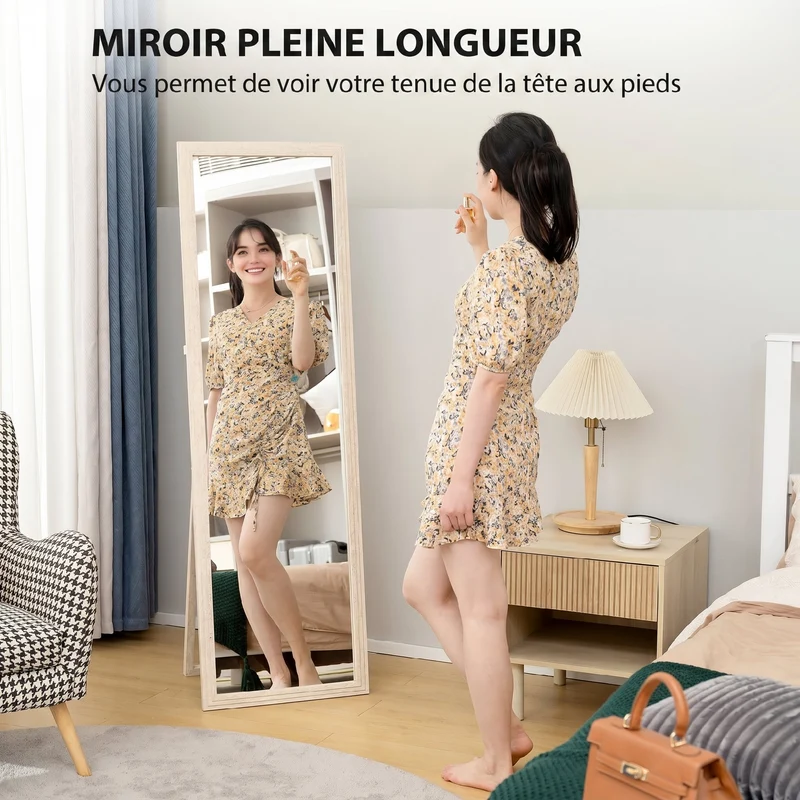 Miroir sur pied rectangulaire 160 x 50 x 4 cm vue intégrale inclinable sécurisé style contemporain en verre trempé blanc 21_0003752