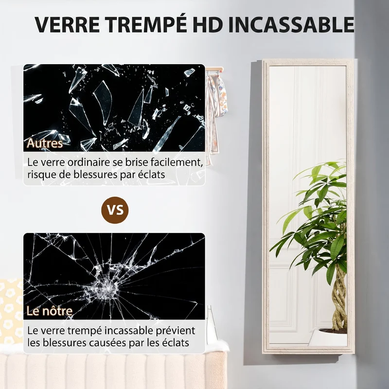 Miroir sur pied rectangulaire 160 x 50 x 4 cm vue intégrale inclinable sécurisé style contemporain en verre trempé blanc 21_0003752