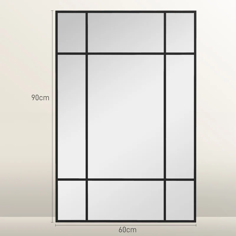 Miroir mural verrière style fenêtre 90 x 2 x 60 cm agrandit et éclaire entrée industriel contemporain en métal noir 21_0001347