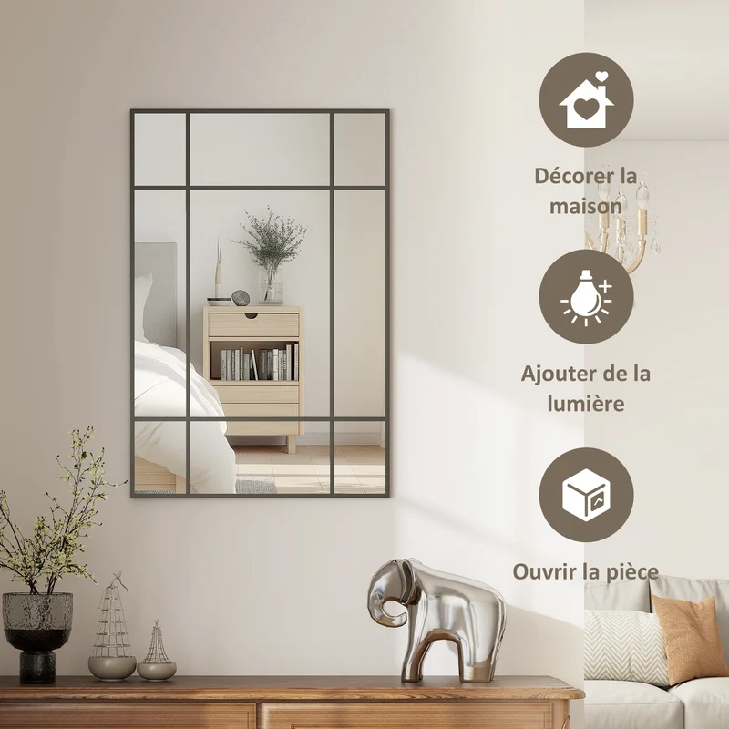 Miroir mural verrière style fenêtre 90 x 2 x 60 cm agrandit et éclaire entrée industriel contemporain en métal noir 21_0001347