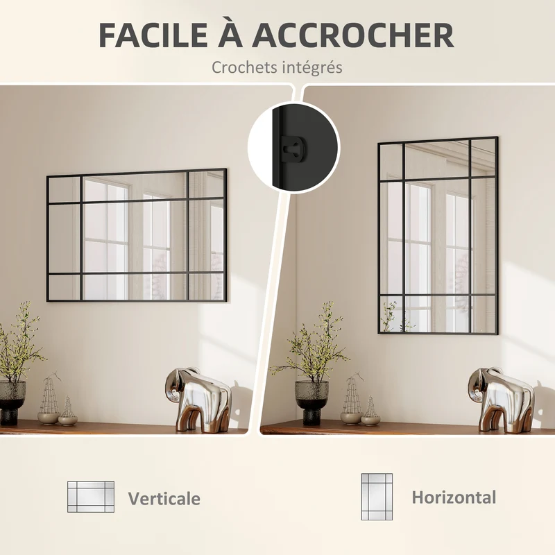 Miroir mural verrière style fenêtre 90 x 2 x 60 cm agrandit et éclaire entrée industriel contemporain en métal noir 21_0001347