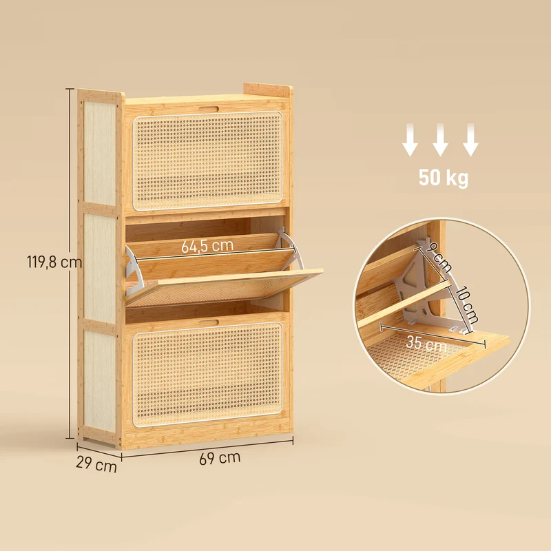 Meuble à chaussures entrée 69 x 29 x 119.8 cm rangement 18 paires étagères réglables scandinave en bambou bois naturel 21_0002808