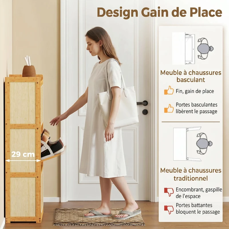 Meuble à chaussures entrée 69 x 29 x 119.8 cm rangement 18 paires étagères réglables scandinave en bambou bois naturel 21_0002808
