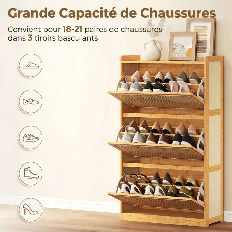 Meuble à chaussures entrée 69 x 29 x 119.8 cm rangement 18 paires étagères réglables scandinave en bambou bois naturel 21_0002808