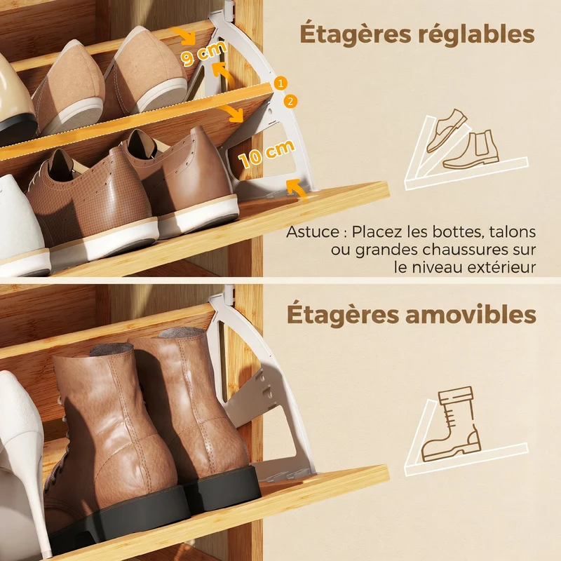 Meuble à chaussures entrée 69 x 29 x 119.8 cm rangement 18 paires étagères réglables scandinave en bambou bois naturel 21_0002808