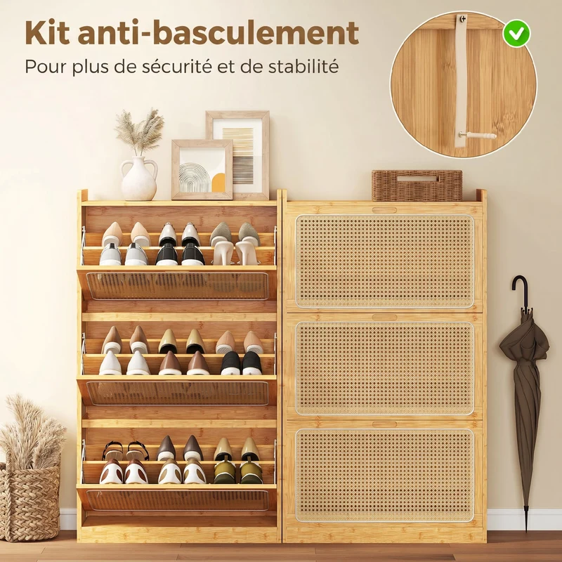 Meuble à chaussures entrée 69 x 29 x 119.8 cm rangement 18 paires étagères réglables scandinave en bambou bois naturel 21_0002808