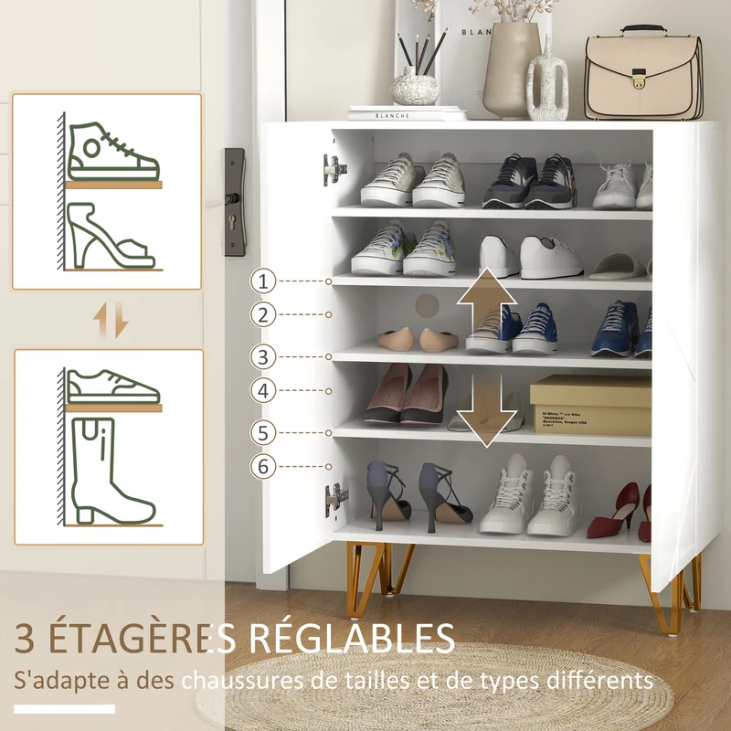 Meuble à chaussures 2 portes 72 x 31,5 x 95 cm étagères réglables 20 paires design en bois d'ingénierie blanc laqué 21_0002708