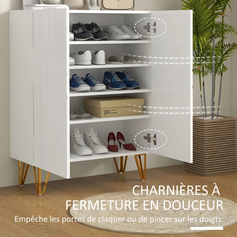 Meuble à chaussures 2 portes 72 x 31,5 x 95 cm étagères réglables 20 paires design en bois d'ingénierie blanc laqué 21_0002708