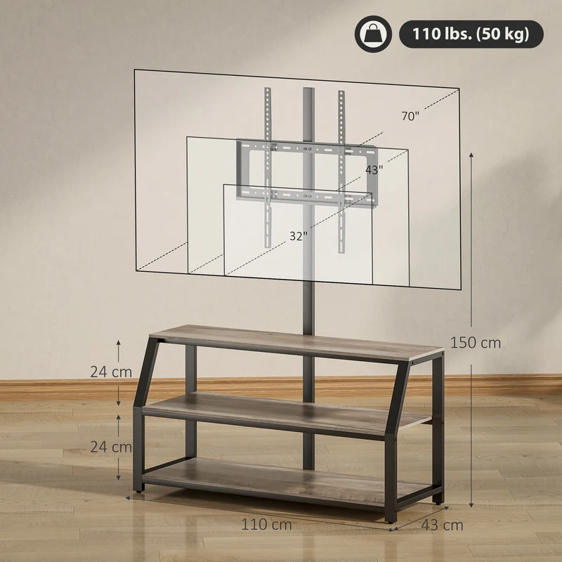 Meuble télévision colonne 110 x 43 x 150 cm support réglable gain de place style industriel moderne en mélamine gris 21_0003619