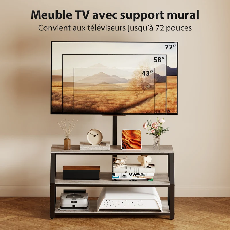 Meuble télévision colonne 110 x 43 x 150 cm support réglable gain de place style industriel moderne en mélamine gris 21_0003619