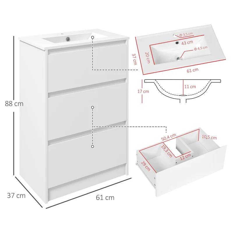 Meuble lavabo salle de bain 61 x 37 x 88 cm 2 tiroirs vasque intégrée moderne cosy laqué en panneau de particules blanc 21_0001938