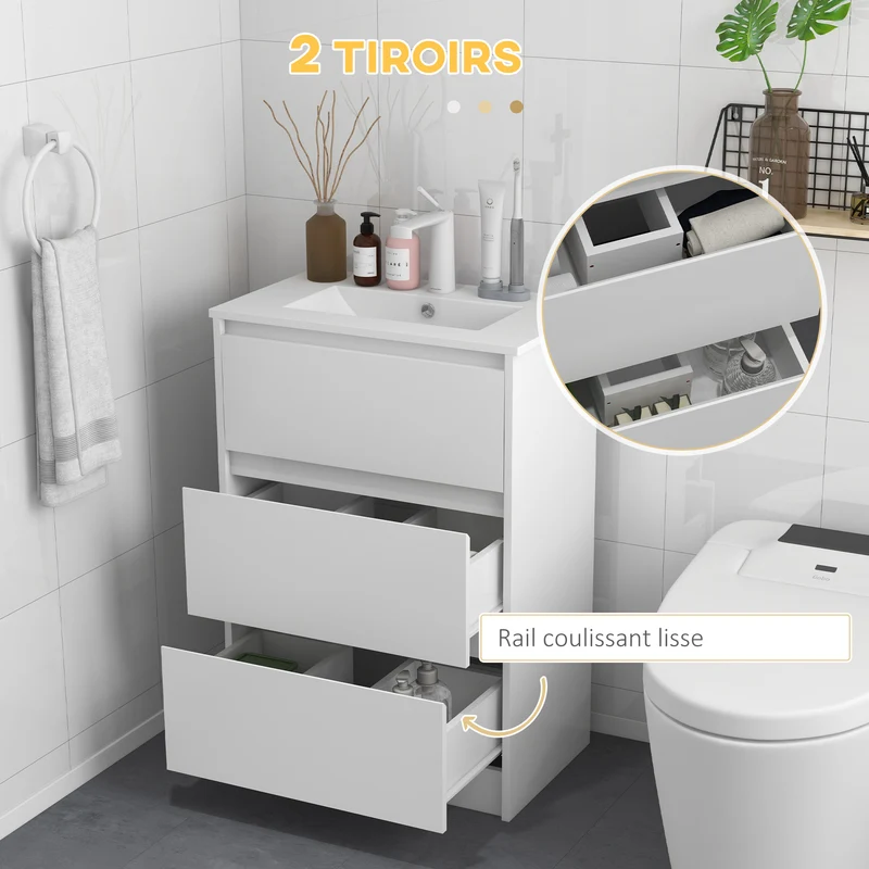 Meuble lavabo salle de bain 61 x 37 x 88 cm 2 tiroirs vasque intégrée moderne cosy laqué en panneau de particules blanc 21_0001938