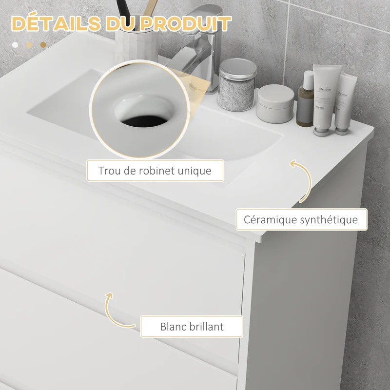 Meuble lavabo salle de bain 61 x 37 x 88 cm 2 tiroirs vasque intégrée moderne cosy laqué en panneau de particules blanc 21_0001938