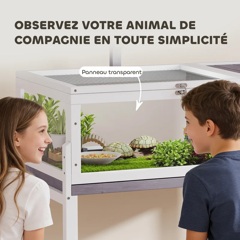 Maison pour tortues salon 104 x 53 x 82 cm plateau coulissant support lampe intégré rustique scandinave en bois gris 21_0007852