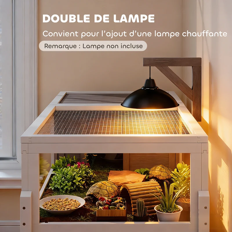 Maison pour tortues salon 104 x 53 x 82 cm plateau coulissant support lampe intégré rustique scandinave en bois gris 21_0007852