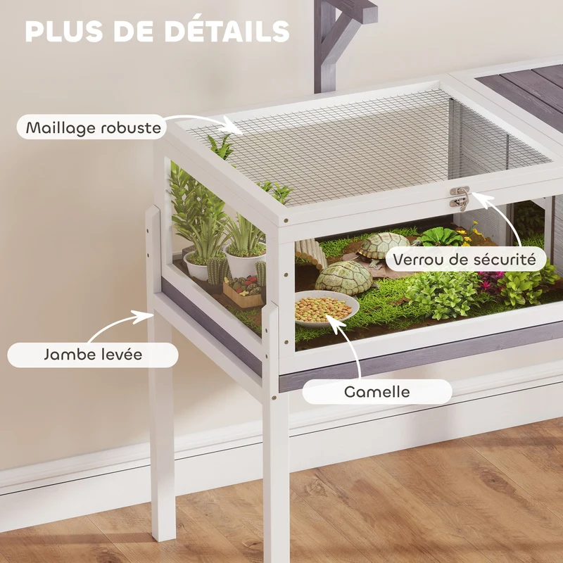 Maison pour tortues salon 104 x 53 x 82 cm plateau coulissant support lampe intégré rustique scandinave en bois gris 21_0007852