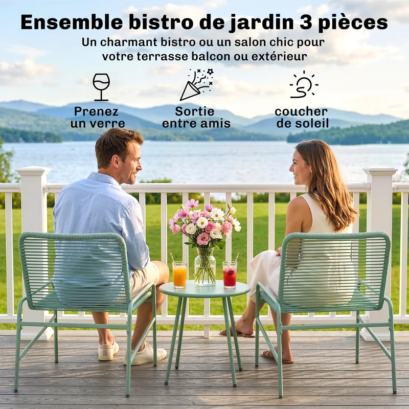 Lot de 3 salon de jardin balcon 2 places 58 x 67 x 75 cm résistant intempéries confort scandinave en résine tressée vert 21_0006026