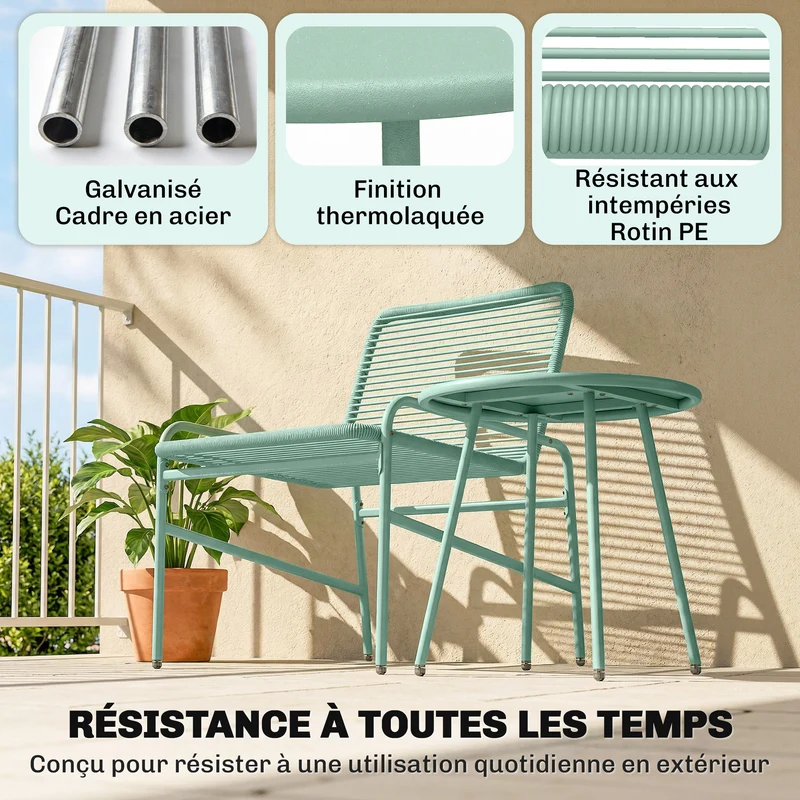 Lot de 3 salon de jardin balcon 2 places 58 x 67 x 75 cm résistant intempéries confort scandinave en résine tressée vert 21_0006026