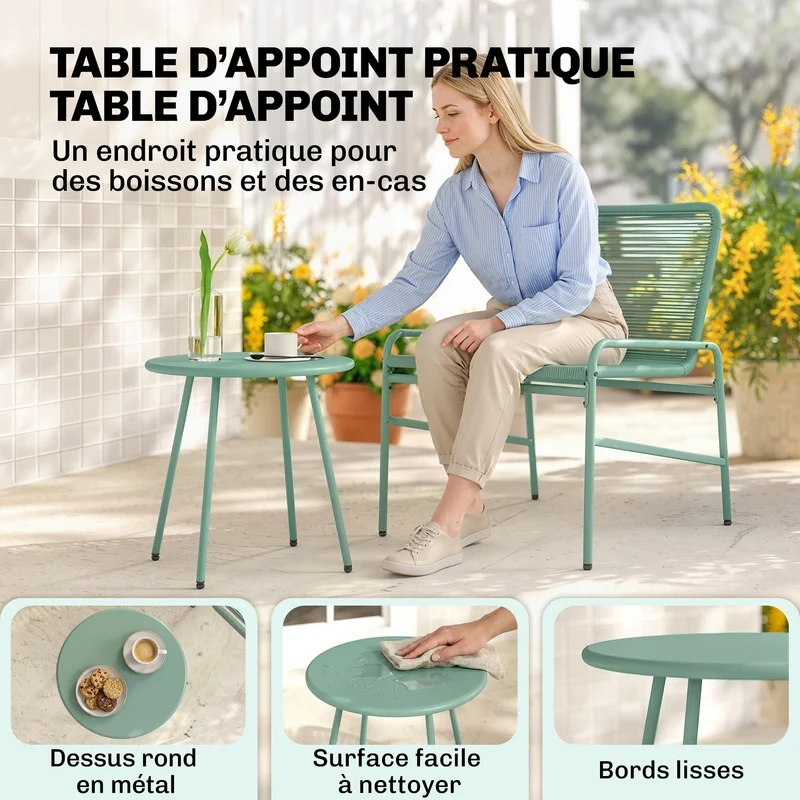 Lot de 3 salon de jardin balcon 2 places 58 x 67 x 75 cm résistant intempéries confort scandinave en résine tressée vert 21_0006026