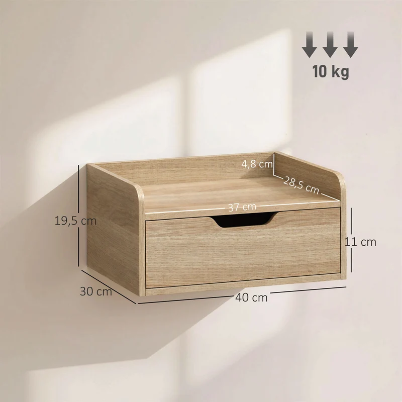 Lot de 2 chevets muraux 40 x 30 x 19.5 cm tiroir plateau à rebords scandinave en panneaux de particules bois naturel 21_0001547