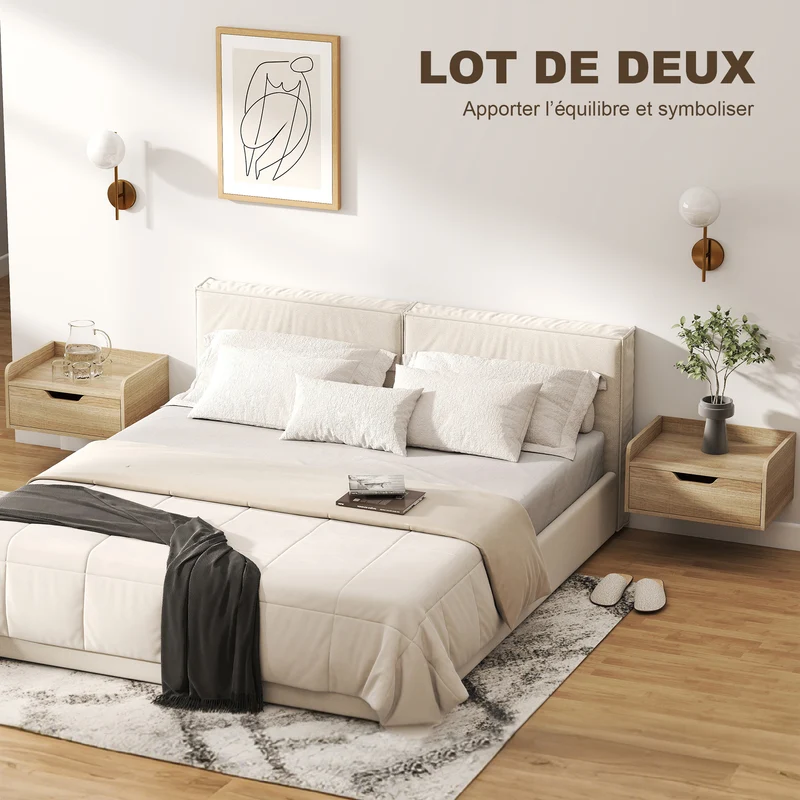 Lot de 2 chevets muraux 40 x 30 x 19.5 cm tiroir plateau à rebords scandinave en panneaux de particules bois naturel 21_0001547