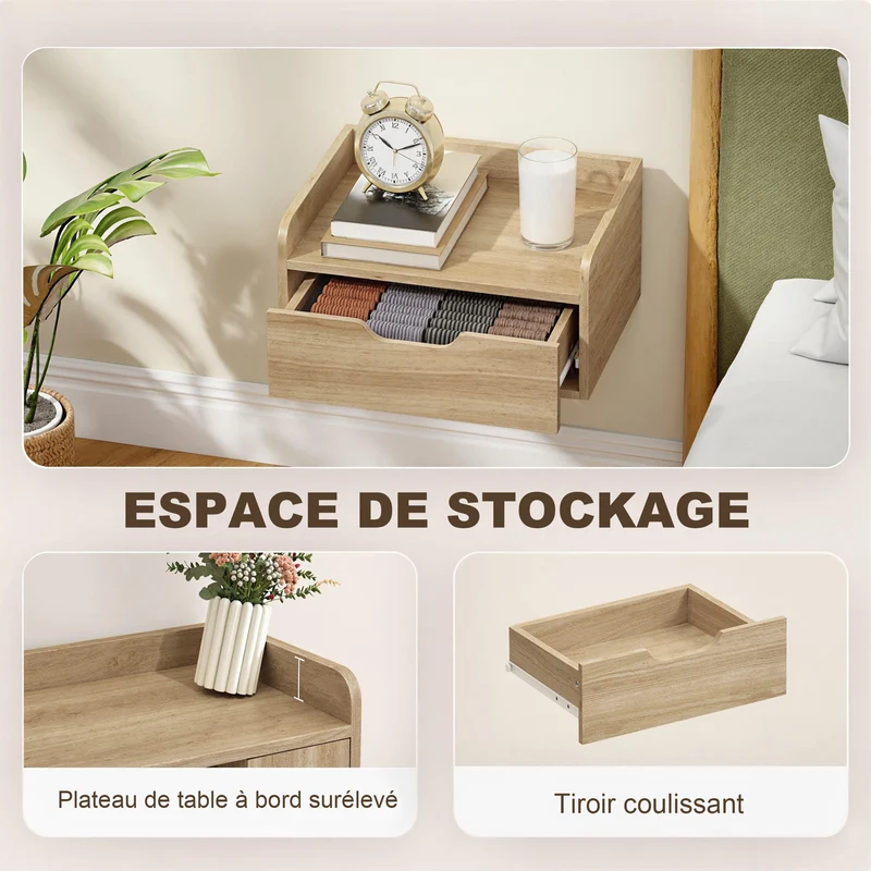 Lot de 2 chevets muraux 40 x 30 x 19.5 cm tiroir plateau à rebords scandinave en panneaux de particules bois naturel 21_0001547