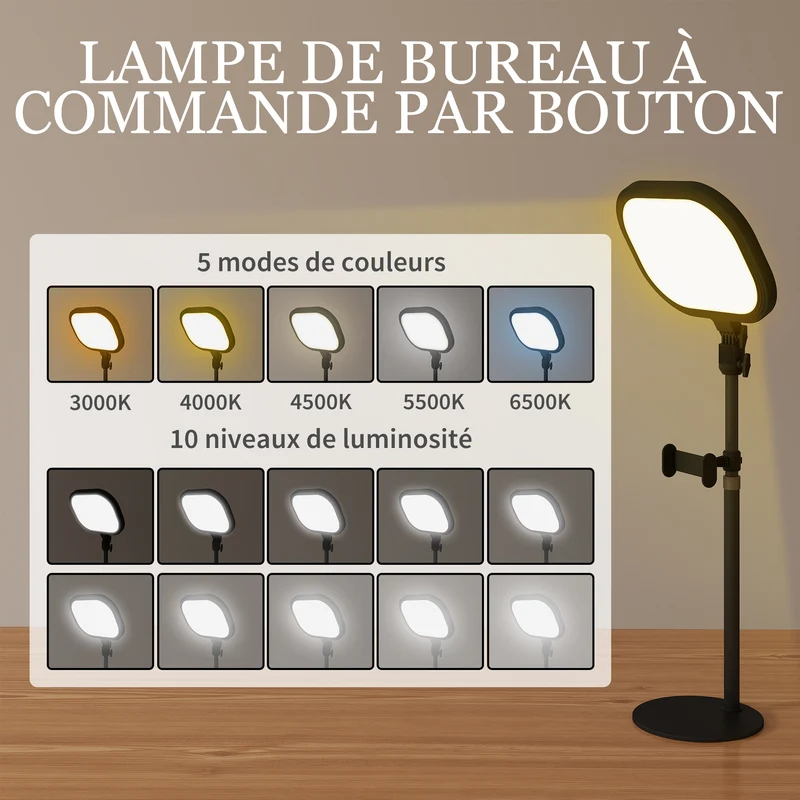 Lampe de bureau 23 x 23 x 65 cm 5 modes de couleur 10 niveaux support téléphone tête 180° moderne épuré en métal noir 21_0007044